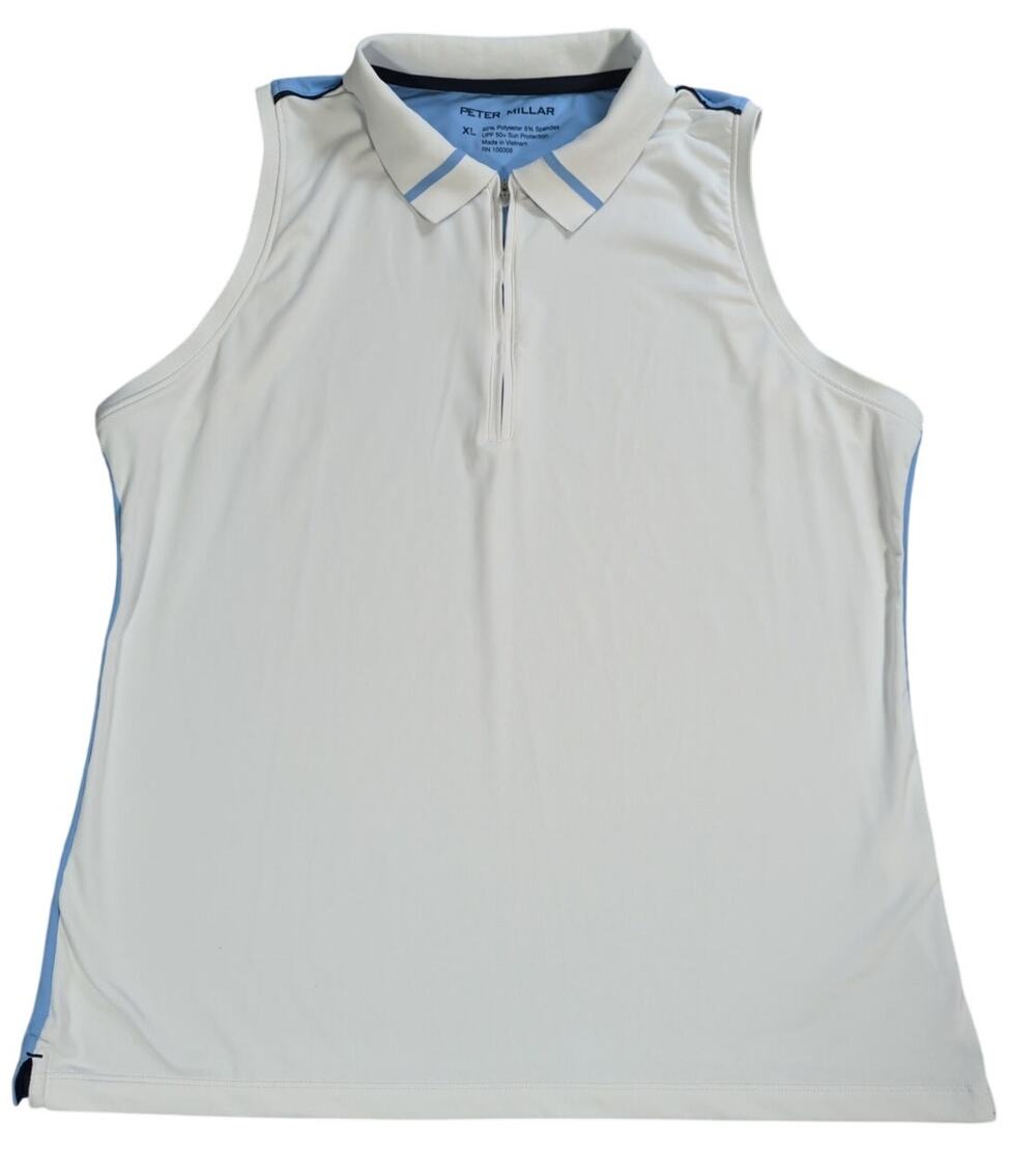 Peter Millar Womens XL Golf Polo Sleeveless White Blue Zip UPF 50 Stretch Top